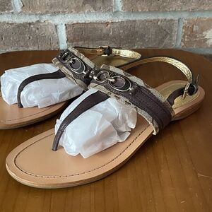 Coach Sandals Size 9.5 Brown Gold Buckle Sling Back C Flat Thong Sammy Sandals
